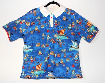 Viking Print Cotton Shirt - Kidcore Harajuku Blouse (Size M/L)