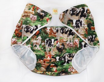 PVC Lined Adult Diaper Cover: Farm Animal Print, M/L