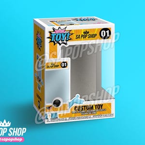 May include: A custom toy box with a clear front panel, featuring the text "CUSTOM TOY" and "SA POP SHOP". The box has a yellow and white design with a cartoon character illustration. The number "01" is prominently displayed.