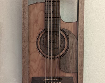 ギターを持った人物の鉛筆画　インテリア　A4サイズ　額縁 Acoustic Guitar/ Wooden 3D Box Art/ Musician Gift/ Music Art