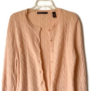 Lord & Taylor Vintage Cable Knit Double Ply Pink Cashmere Button Up Sweater Size Large