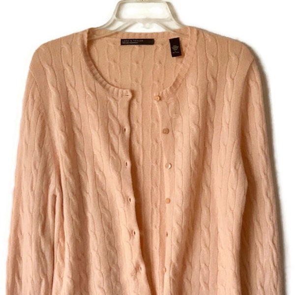 Lord & Taylor Vintage Cable Knit Double Ply Pink Cashmere Button Up Sweater Size Large