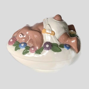 Studio Art Pottery Covered Egg Dish Bunny Rabbit on Top