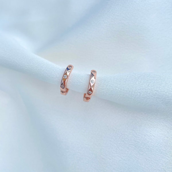 Rose Gold Faceted Huggie Hoop Earrings With Diamonds • Minimalist Faceted Hoop Earrings • Dainty Small Hoop •  Everyday Rose Gold Huggies