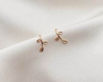 Rose Gold Leaf Threader Earrings, Dainty Open Hoop Earrings, Small Leaf Earrings, Plant Leaves Earrings, Leaf Ear Hooks, Sterling Silver
