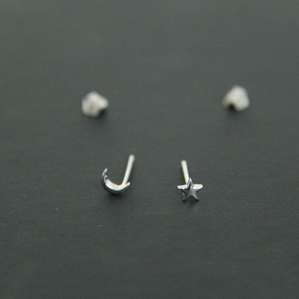Tiny Star Moon Stud Earrings • Mini Celestial Star Moon Earrings • Tiny Dainty Minimalist Mismatched Stacking Sterling Silver Stud Earrings