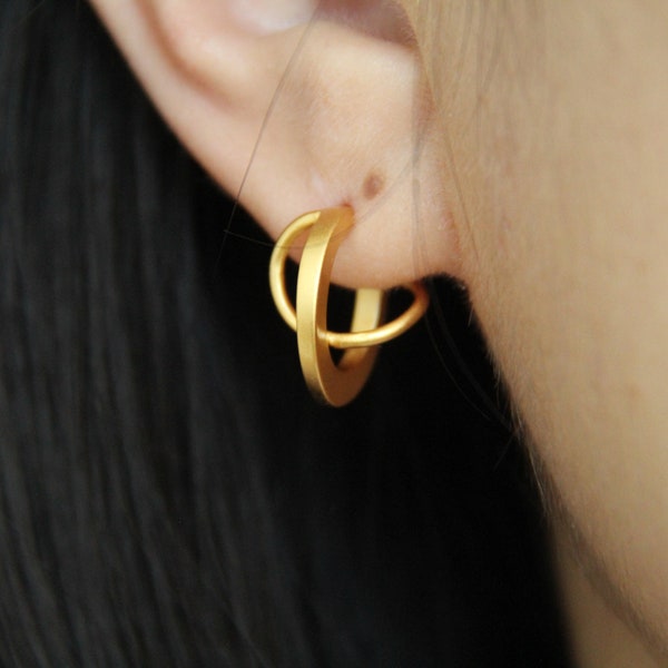 Circle Matte Gold Stud Hoop Earrings • Thick Double Band Twisted Hoop Stud Earrings • Dainty Geometric Spiral Sterling Silver Stud Earrings