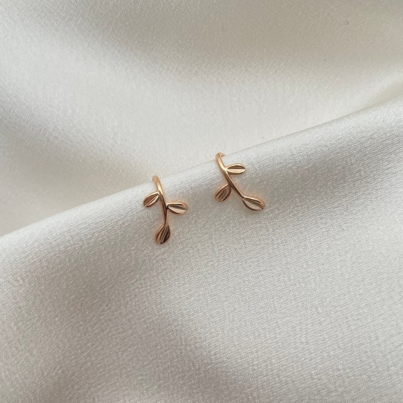 Rose Gold Leaf Threader Earrings, Dainty Open Hoop Earrings, Small Leaf Horseshoe Earrings, Leaf Ear Hooks, Sterling Silver 