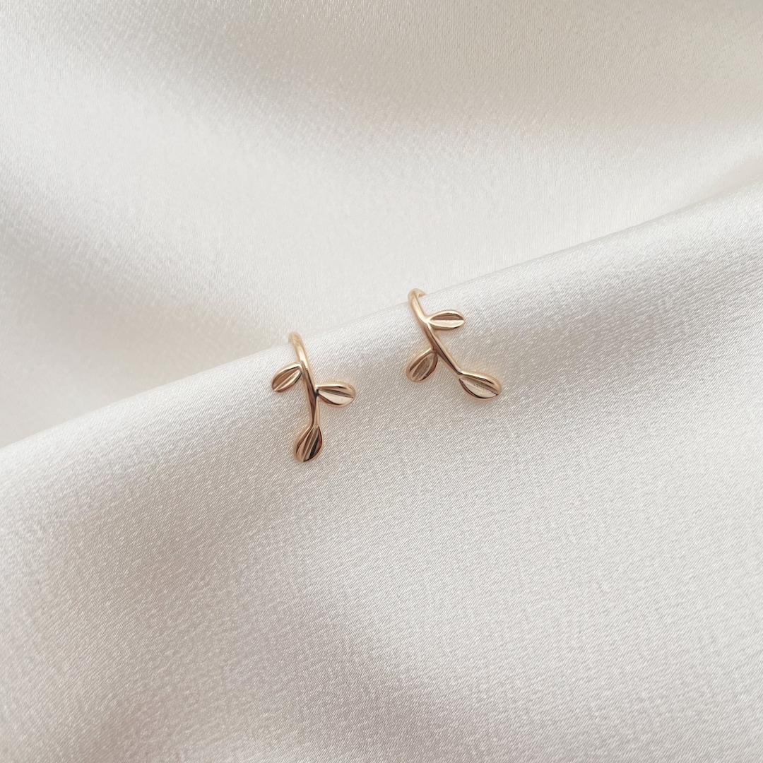 Rose Gold Leaf Threader Earrings, Dainty Open Hoop Earrings, Small Leaf Earrings, Plant Leaves Earrings, Leaf Ear Hooks, Sterling Silver