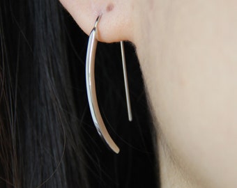 Curved Bar Threader Earrings • Line Arc Threader Earrings • Arc Wire Earrings • Dainty Minimalist Sterling Silver Wire Bar Dangle Earrings