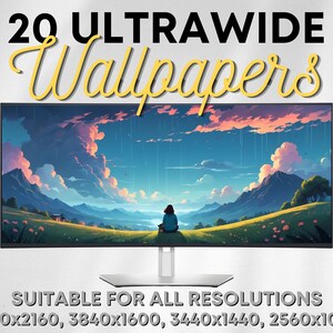 Op de afbeelding: Een computermonitor die een schilderachtig landschap toont met een persoon die op een grasbegroeide heuvel zit. De tekst "20 Ultrawide Wallpapers" staat bovenaan de afbeelding. De tekst "Suitable for all resolutions" staat onderaan de afbeelding, samen met de volgende resoluties: 5120x2160, 3840x1600, 3440x1440, 2560x1080.