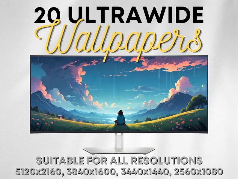 Op de afbeelding: Een computermonitor die een schilderachtig landschap toont met een persoon die op een grasbegroeide heuvel zit. De tekst "20 Ultrawide Wallpapers" staat bovenaan de afbeelding. De tekst "Suitable for all resolutions" staat onderaan de afbeelding, samen met de volgende resoluties: 5120x2160, 3840x1600, 3440x1440, 2560x1080.