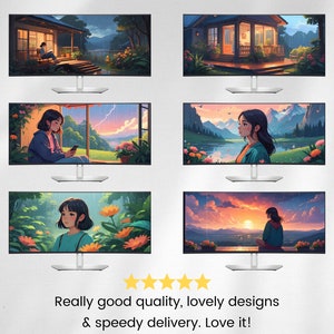 Op de afbeelding: Zes digitale monitorschermen die verschillende landschapsafbeeldingen tonen. Elk scherm toont een jonge persoon die in een rustige buitenomgeving zit. De illustraties tonen een verscheidenheid aan landschappen, waaronder een meer, een bos en een huis. De schermen zijn gerangschikt in twee rijen van drie.