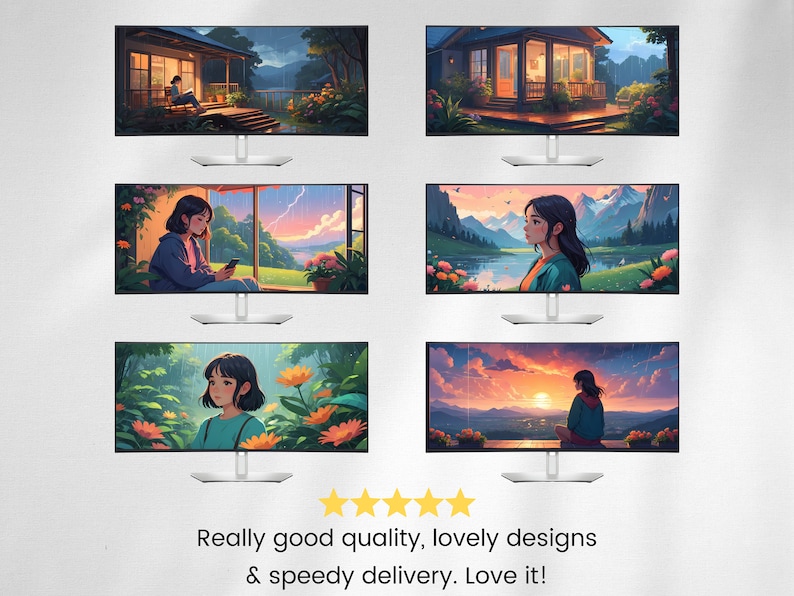 Op de afbeelding: Zes digitale monitorschermen die verschillende landschapsafbeeldingen tonen. Elk scherm toont een jonge persoon die in een rustige buitenomgeving zit. De illustraties tonen een verscheidenheid aan landschappen, waaronder een meer, een bos en een huis. De schermen zijn gerangschikt in twee rijen van drie.