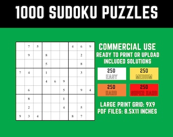 Puede incluir: Una cuadrícula de Sudoku verde y blanca con los números del 1 al 9. El texto "1000 Sudoku Puzzles" está en la parte superior de la imagen. El texto "Commercial Use" está en la parte superior derecha de la imagen. El texto "Ready to Print or Upload" está debajo del texto "Commercial Use". El texto "Included Solutions" está debajo del texto "Ready to Print or Upload". Hay cuatro cuadros con el texto "250 Easy", "250 Medium", "250 Hard", y "250 Super Hard". El texto "Large Print Grid: 9x9" está debajo de los cuadros. El texto "PDF Files: 8.5x11 inches" está debajo del texto "Large Print Grid: 9x9".