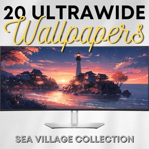 Pode incluir: Um monitor de computador exibindo uma ilustração digital de uma vila à beira-mar com um farol ao pôr do sol. O texto "20 Ultrawide Wallpapers" e "Sea Village Collection" é exibido acima e abaixo da imagem.