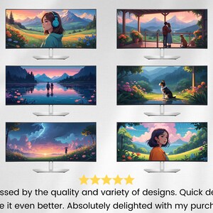 Op de afbeelding: Zes digitale illustraties van schilderachtige landschappen met een verscheidenheid aan kleuren en thema's. De illustraties omvatten een stel dat langs een meer loopt, een vrouw met koptelefoon, een stel op een balkon, een hond in een veld, een vrouw in een veld en een stormachtige zonsondergang.