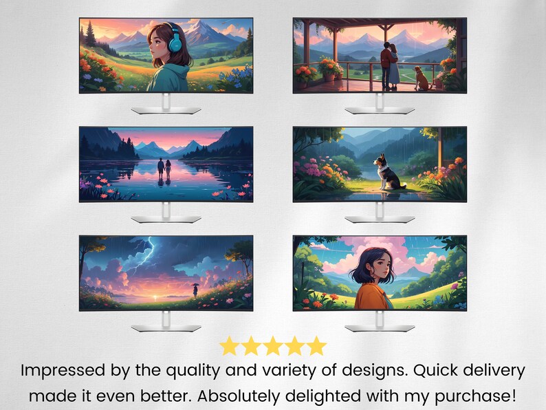 Op de afbeelding: Zes digitale illustraties van schilderachtige landschappen met een verscheidenheid aan kleuren en thema's. De illustraties omvatten een stel dat langs een meer loopt, een vrouw met koptelefoon, een stel op een balkon, een hond in een veld, een vrouw in een veld en een stormachtige zonsondergang.