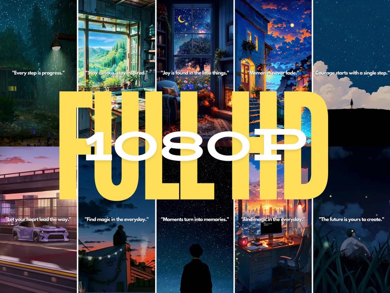 May include: A collage of images with inspirational quotes and the text "FULL HD 1080P" in yellow. The quotes include "Every step is progress", "Joy is found in the little things", "Moments never fade", "Courage starts with a single step", "Let your heart lead the way", "Find magic in the everyday", "Moments turn into memories", "Find magic in the everyday", and "The future is yours to create."