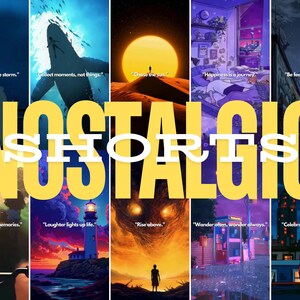 May include: A collage of images with inspirational quotes about life, happiness, and adventure. The images include a whale swimming in the ocean, a lighthouse on a rocky shore, a person standing on a hilltop, a bedroom with a cat, and a city skyline at night. The text "NOSTALGIC SHORTS" is in large, yellow letters across the middle of the collage.