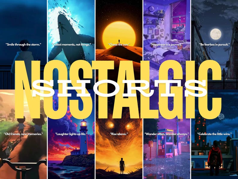 May include: A collage of images with inspirational quotes about life, happiness, and adventure. The images include a whale swimming in the ocean, a lighthouse on a rocky shore, a person standing on a hilltop, a bedroom with a cat, and a city skyline at night. The text "NOSTALGIC SHORTS" is in large, yellow letters across the middle of the collage.