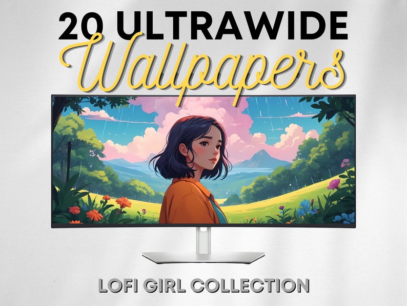 Op de afbeelding: Een computermonitor die een digitale illustratie toont van een meisje met kort zwart haar dat in een veld staat met een bergketen op de achtergrond. De lucht is blauw met witte wolken en het regent. De tekst "20 ULTRAWIDE Wallpapers" staat bovenaan de afbeelding en de tekst "LOFI GIRL COLLECTION" staat onderaan de afbeelding.