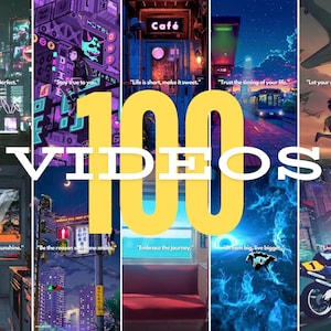 May include: A collage of 10 different images with motivational quotes and cityscapes. The images are arranged in a grid with a large yellow circle in the center that says "100 VIDEOS".