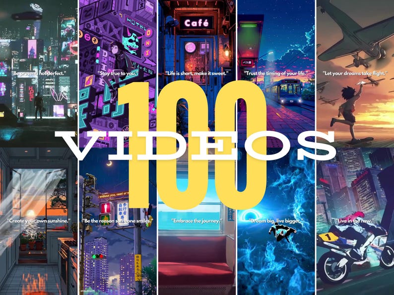 May include: A collage of 10 different images with motivational quotes and cityscapes. The images are arranged in a grid with a large yellow circle in the center that says "100 VIDEOS".