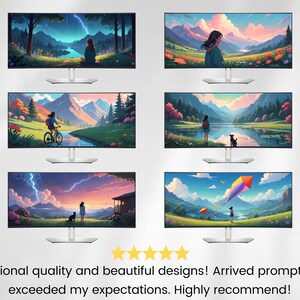 Op de afbeelding: Zes digitale monitorschermen die verschillende schilderachtige landschapsontwerpen tonen. Elke afbeelding toont een vrouw in een natuurlijke omgeving met een verscheidenheid aan kleuren en details.