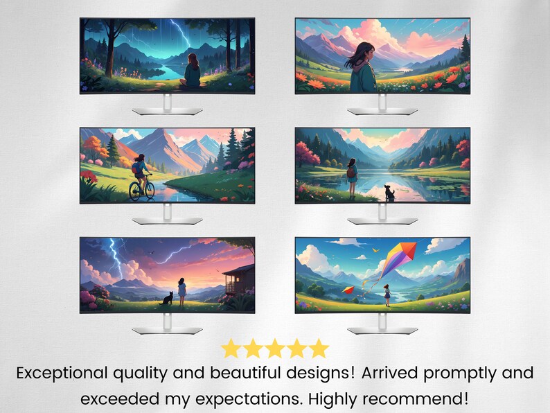 Op de afbeelding: Zes digitale monitorschermen die verschillende schilderachtige landschapsontwerpen tonen. Elke afbeelding toont een vrouw in een natuurlijke omgeving met een verscheidenheid aan kleuren en details.