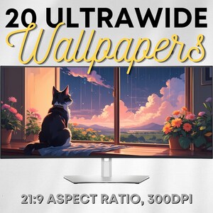 Op de afbeelding: Een zwart-witte kat zit op een vensterbank en kijkt uit op een regenachtig landschap. Het venster maakt deel uit van een grote, moderne monitor met een beeldverhouding van 21:9 en 300 DPI. De tekst "20 Ultrawide Wallpapers" staat bovenaan de afbeelding.