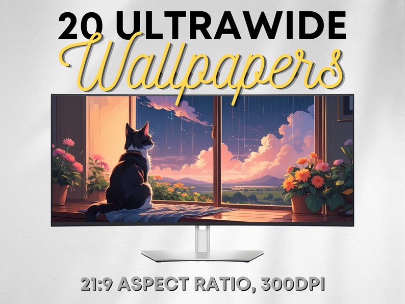 Op de afbeelding: Een zwart-witte kat zit op een vensterbank en kijkt uit op een regenachtig landschap. Het venster maakt deel uit van een grote, moderne monitor met een beeldverhouding van 21:9 en 300 DPI. De tekst "20 Ultrawide Wallpapers" staat bovenaan de afbeelding.
