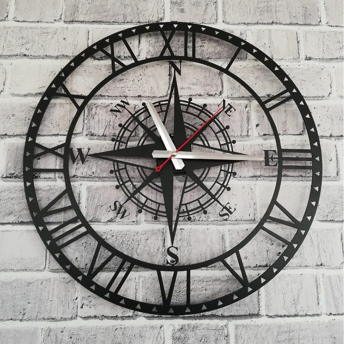 Compass Wall Clock Metal Home Decor Hanging Ornament Traveler Etsy