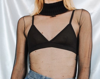 1960s Courrèges Paris Black Sheer Mesh Signature Logo Mod Turtleneck Top - Vintage André Courrèges