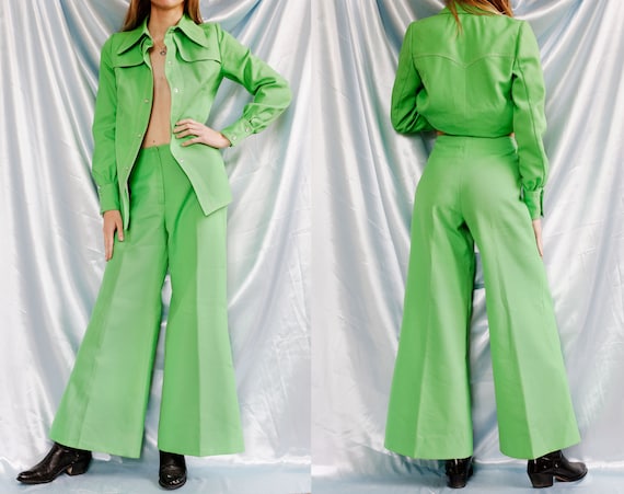70s Two Piece Green Pants set // Flare trousers Hi