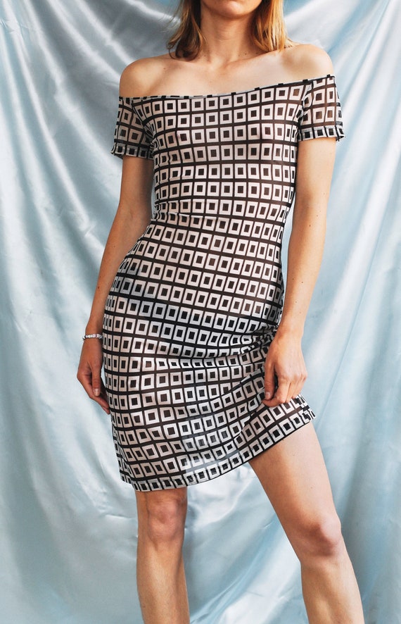 1990s Versace vintage mesh dress, Monogram print Size S 90s robe tulle  see-through VJC