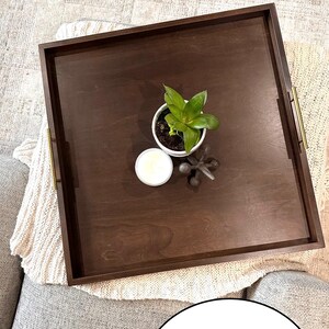 May include: A square wooden tray with brass handles. The tray is espresso brown and has a plant in a white pot, a white candle, and a decorative metal object on top.