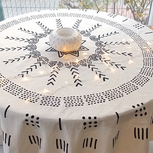 Geometric Organic Ivory Round Tablecloth, Sofa Throw Blanket with Natural Dye, Turkish Woven, 100% Cotton,175 cm, 68''- GEO by ShazHa Crafts