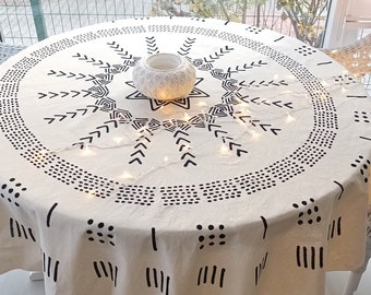 Geometrische organische elfenbeinfarbene runde Tischdecke, Sofaüberwurfdecke mit natürlicher Farbe, türkisch gewebt, 100 % Baumwolle, 175 cm, 68'' – GEO von ShazHa Crafts