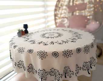 Floral Round Tablecloth: Turkish Hand Block Printed Cotton Table Cover (67'')