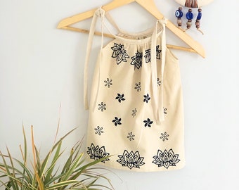 Hand Block Printed Boho Summer Blouse with Floral Patterns for Kids, Natural Fabric and Organic Dye Strap Sleeveless Hippie Tank Top, - BEBE