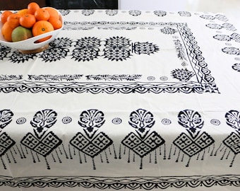 Hand Block Printed Cotton Tablecloth: Hittite Pattern, Turkish Decor (87”x59”)