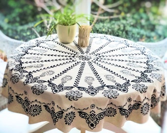Floral Round Tablecloth: Turkish Hand Block Printed Cotton Table Cover (63'')