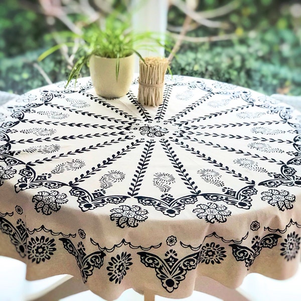 Floral Round Tablecloth: Turkish Hand Block Printed Cotton Table Cover (63'')