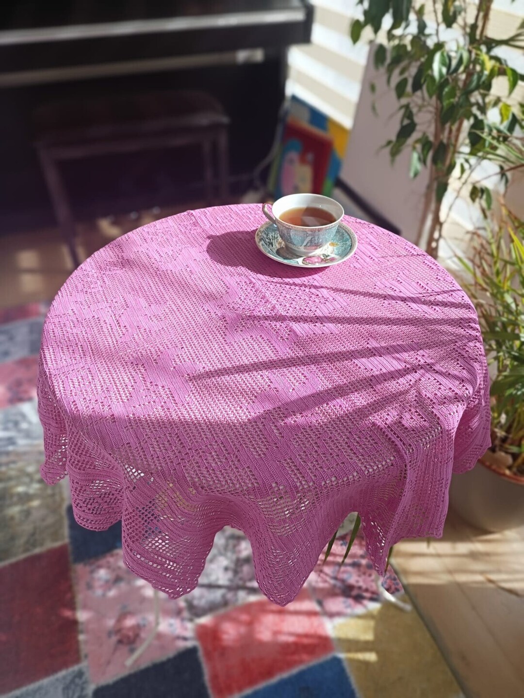 Vintage Pink Needle Lace Round Coffee Tablecloth,crochet Table Cover