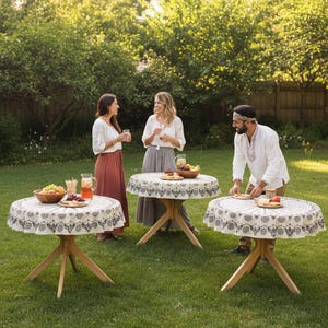 Floral Round Tablecloth: Turkish Hand Block Printed Cotton Table Cover (63'') image 4