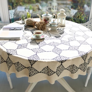 Diamond Pattern Ivory Round HandmadeTablecloth, Turkish Cotton Fabric with Natural Dye,  61'' (155 cm)- DIAMOND by ShazHa Crafts
