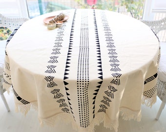 Ethnic Patterned Ivory Tablecloth: Turkish Hand Block Print, 70'' Round