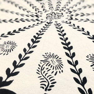 Perfect for boho, farmhouse, or ethnic home decor. Traditional Turkish block print tablecloth with geometric and botanical patterns. Artisanal handcrafted textile with vintage-inspired design