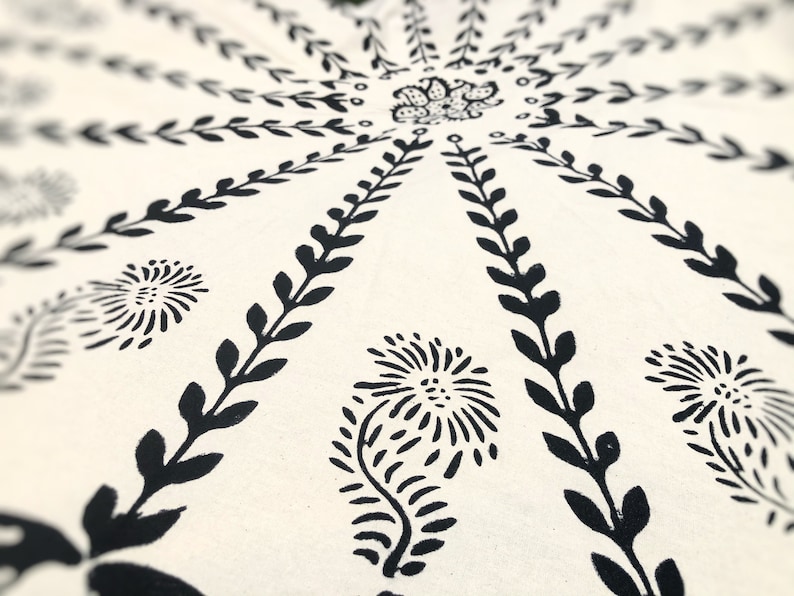 Perfect for boho, farmhouse, or ethnic home decor. Traditional Turkish block print tablecloth with geometric and botanical patterns. Artisanal handcrafted textile with vintage-inspired design